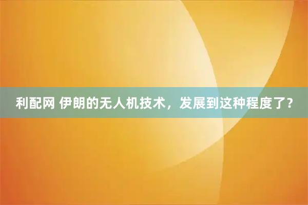 利配网 伊朗的无人机技术，发展到这种程度了？